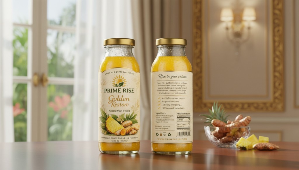 Prime Rise Golden Restore, two bottles on a table with pineapple and turmeric