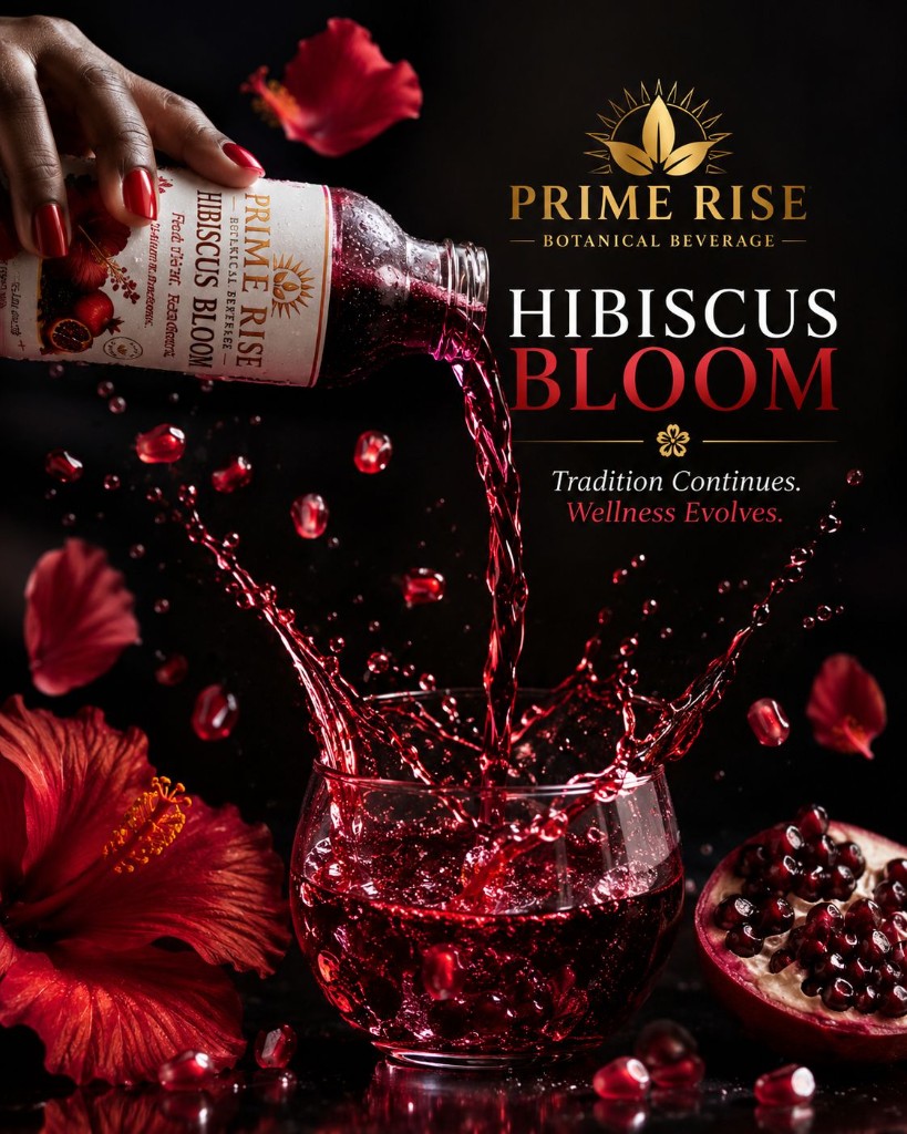 Prime Rise Hibiscus Bloom — botanical beverage poured into a glass with hibiscus flowers and pomegranate; Tradition continues. Wellness evolves.