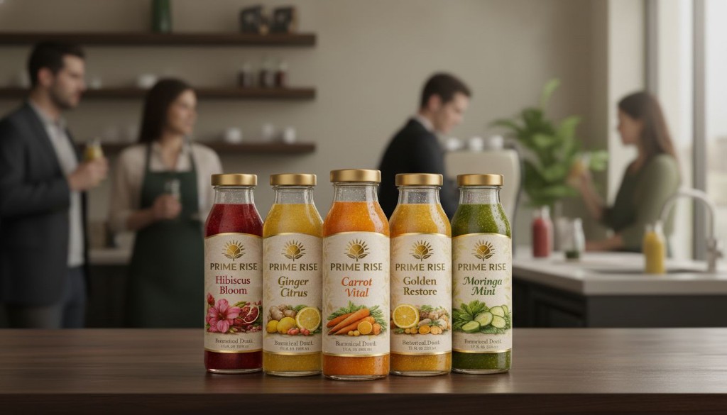 Prime Rise, five botanical blends on a wood counter; Hibiscus Bloom, Ginger Citrus, Carrot Vital, Golden Restore, and Moringa Mint, with a soft café setting beyond