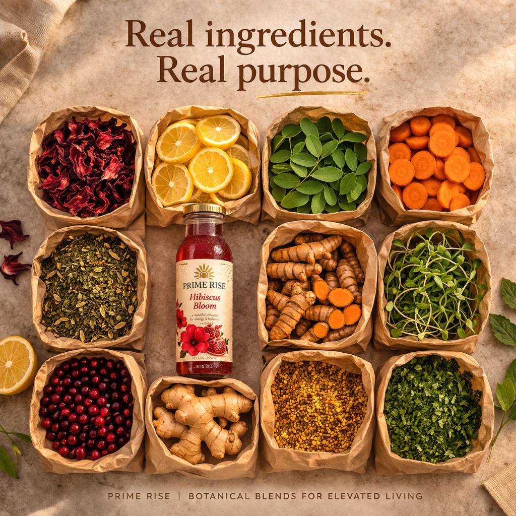 Prime Rise, real ingredients, real purpose: Hibiscus Bloom bottle with botanical ingredients in kraft bags on stone