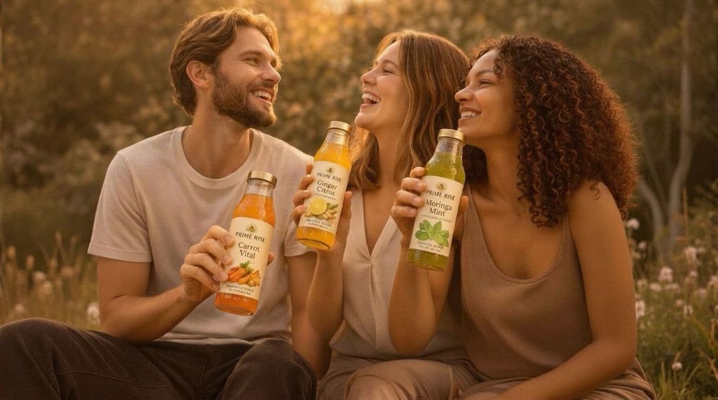 Friends enjoying Prime Rise botanical beverages at golden hour