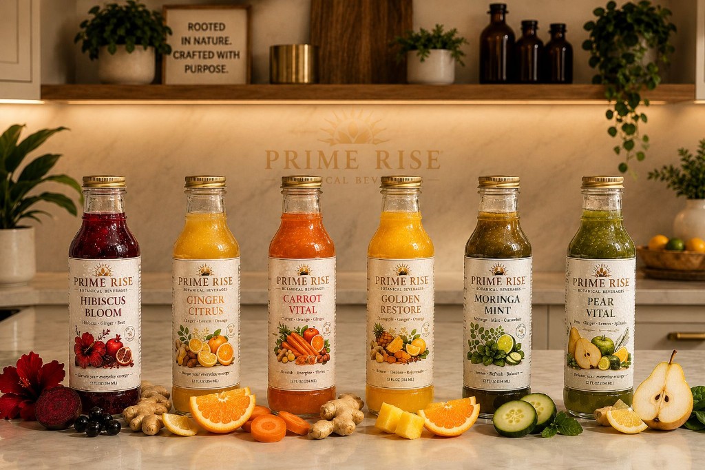 Prime Rise, all six botanical beverages on a marble counter